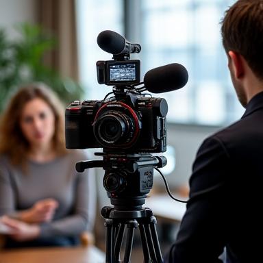 A camera operator filming an interview.