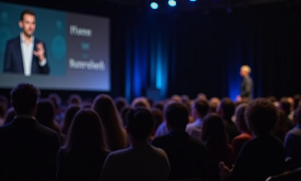 Keynote speaker on stage at a large conference.